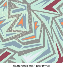 Abstract seamless geometric pattern with urban elements, scuffed, drops, sprays, triangles, neon spray paint. Grunge texture background. Creative original repeated backdrop