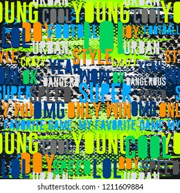 Abstract seamless geometric pattern with urban text, shapes, dots, colorful spray. Grunge urban pattern for boy, girl, sport clothes, wrapping paper. Neon colors.