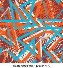 Abstract seamless geometric pattern with urban elements drops, grunge line, dots. Grunge texture background. Wallpaper for boys, girls. Creative original repeated backdrop