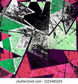 Abstract seamless geometric pattern with urban elements, scuffed, drops, sprays, triangles, neon spray paint. Grunge texture background. Wallpaper for boys, girls. Creative original repeated backdrop