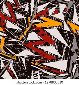 Abstract seamless geometric pattern with urban elements, scuffed, drops, sprays, triangles, spray paint. Creative original repeated backdrop