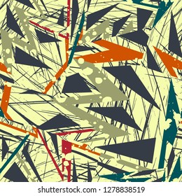 Abstract seamless geometric pattern with urban elements, scuffed, drops, sprays, triangles, spray paint. Creative original repeated backdrop