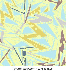 Abstract seamless geometric pattern with urban elements, scuffed, drops, sprays, triangles, spray paint. Creative original repeated backdrop