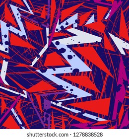 Abstract seamless geometric pattern with urban elements, scuffed, drops, sprays, triangles, spray paint. Creative original repeated backdrop