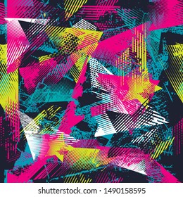 Abstract seamless geometric pattern with urban elements, scuffed, drops, sprays, triangles, spray paint. Grunge texture background. Wallpaper for boys, girls. Creative original repeated backdrop