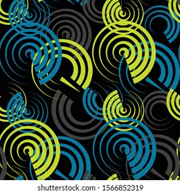 Abstract seamless geometric pattern with urban elements, scuffed, drops, sprays, triangles, neon spray paint. Grunge texture background. Wallpaper for boys, girls. Creative original repeated backdrop