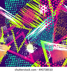 Patrón geométrico abstracto sin fisuras con elementos urbanos, espolvoreados, gotas, pulverizadores, triángulos, pintura con pulverización de neón. Fondo de textura gruesa. Papel de escritorio para niños, niñas. 
