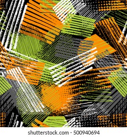 Abstract seamless geometric pattern with urban elements, scuffed, drops, sprays, triangles, neon spray paint. Grunge texture background. Wallpaper for boys, girls. Creative original repeated backdrop
