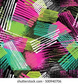 Abstract seamless geometric pattern with urban elements, scuffed, drops, sprays, triangles, neon spray paint. Grunge texture background. Wallpaper for boys, girls. Creative original repeated backdrop