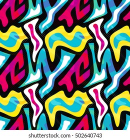Abstract seamless geometric pattern with urban elements, scuffed, drops, sprays, triangles, neon spray paint. Grunge texture background.