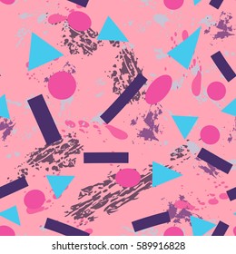 Abstract seamless geometric pattern with urban elements, scuffed, drops, sprays, triangles, neon spray paint. Grunge texture background. Wallpaper for boys, girls. Creative original repeated backdrop