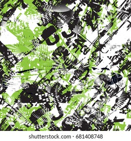 Abstract seamless geometric pattern with urban elements, scuffed, drops, sprays, triangles, neon spray paint. Grunge texture background. Wallpaper for boys, girls. Creative original repeated backdrop