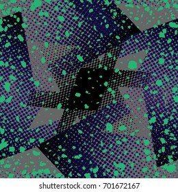 Abstract seamless geometric pattern with urban elements, scuffed, drops, sprays, triangles, neon spray paint. Grunge texture background. Creative original repeated backdrop