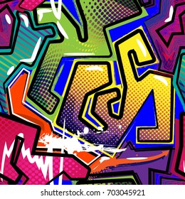 Abstract seamless geometric pattern with urban elements, scuffed, drops, sprays, triangles, neon spray paint. Grunge texture background. Wallpaper for boys, girls. Creative original repeated backdrop