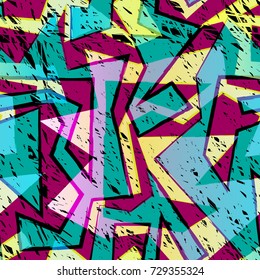 Abstract seamless geometric pattern with urban elements, scuffed, drops, sprays, triangles, neon spray paint. Grunge texture background. Wallpaper for boys, girls. Creative original repeated backdrop
