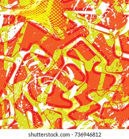 Abstract seamless geometric pattern with urban elements, scuffed, drops, sprays, triangles, spray paint. Grunge texture background. Wallpaper for boys, girls. Creative original repeated backdrop