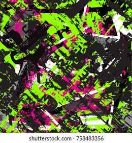 Abstract seamless geometric pattern with urban elements, scuffed, drops, sprays, triangles, neon spray paint. Grunge texture background. Wallpaper for boys, girls. Creative original repeated backdrop.