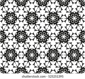 Abstract seamless geometric pattern. Vector illustration. Pattern of geometric and floral elements. Image of repeating and alternating constituent elements. Decorative black and white ornament