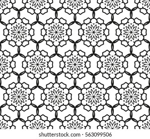 Abstract seamless geometric pattern. Vector illustration of geometric and floral elements. Image of repeating and alternating constituent elements. Decorative oriental black and white ornament