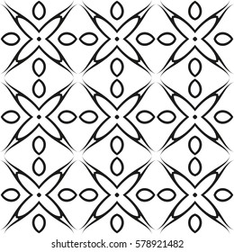 Abstract seamless geometric pattern. Vector illustration. Design of geometric and floral elements. Image of repeating and alternating constituent elements. Decorative black and white ornament