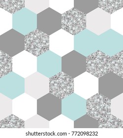 Abstract seamless geometric pattern. Vector illustration. Geometry silver, mint and white hexagon grid texture. Chic gray and teal mosaic tiles