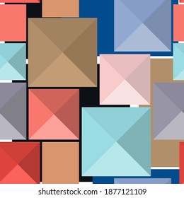 Abstract seamless geometric pattern. Volumetric vector with squares and pyramids in trendy colors, Snorkel Blue, Peach Echo, Iced Coffee, Lilac Gray, Rose Quartz, Limpet Shell on a black background