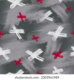 Resumen de patrón geométrico sin fisuras con signo x, pista de pincel. Texto geométrico Repetir impresión. Papel mural grueso. Fondo poco común. Ornamento Grunge sin fin para ropa deportiva textil, de moda