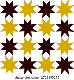 Abstract Seamless geometric pattern with yellow and black stars arranges in grid on white background. Flower and star, repeat star pattern design for fabric printing repeat pattern, checkerboard, chessboard