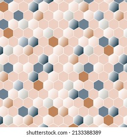 Abstract seamless geometric polygonal pattern with pastel colored gradient hexagonal honeycomb. Trendy modern background. For wall floor tiles, textile, packaging.