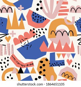 Abstract seamless geometric shapes vector background. Repeating contemporary paper cut shapes background. Modern geometrics pink orange blue modern design for fabric, wrapping, wallpaper.