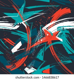 Abstract seamless geometric stars pattern with urban elements, scuffed, drops, sprays, brush lines. Grungy texture background. Wallpaper for boys, girls. Creative original repeated backdrop