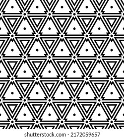Abstract Seamless Geometric Triangles and Hexagons Pattern. Black and White Texture. Vector Art.