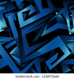 Abstract seamless geometric urban pattern. monochrome curved line wall. technology style wallpaper. blue and black repeated backdrop for boy, sport textile, clothes. Labyrinth wall