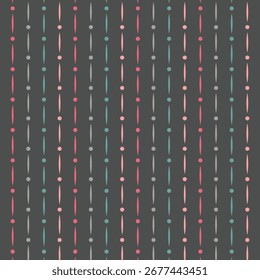 Abstrato padrão de vetor geométrico sem costura com listras verticais coloridas, pontos mínimos e elementos de linha oval em tons de rosa, azul-petróleo e cinza no fundo escuro, elegante design têxtil abstrato.