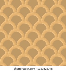 Abstrakter, nahtloser, geometrischer Hintergrund goldener, fächerförmiger Zierfedern. Orientalischer Stoffdruck. Art-Deco-Bildschirmhintergrund 