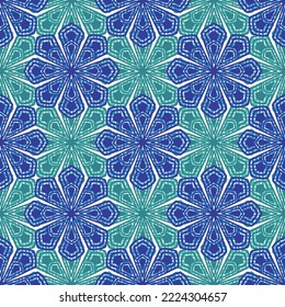 Abstract seamless geometric white texture used  pattern with blue flower design green background snowflakes, Mosaic,tile, textile,ethnic colourful ornament multi theme Flower pattern texture design.