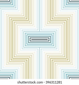 Abstract seamless geometric X-shaped pattern. Lines bent at right angles form X symbol. White, blue, golden colors. Vector illustration for stylish modern design