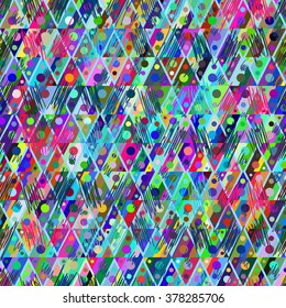Abstract seamless geometrical pattern. Colored bars, triangles, circles, strips and strokes.