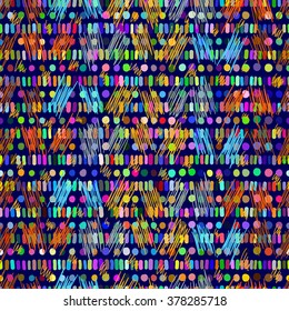 Abstract seamless geometrical pattern in ethnic style. Colored bars, strips and strokes.