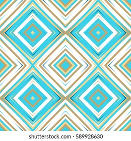 Abstract seamless geometrical pattern of gold squares and lines. Shades of turquoise.