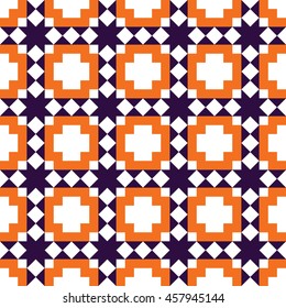 Abstract seamless geometrical pattern of squares and triangles. Orange and purple on a white background