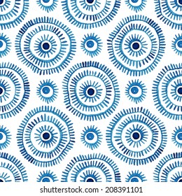 Abstract seamless geometrical pattern. Watercolor fantasy blue circles on a white background, vector. 