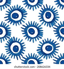 Abstract seamless geometrical pattern. Watercolor fantasy blue circles on a white background, vector. 