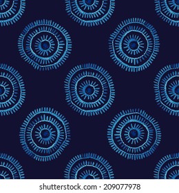 Abstract seamless geometrical pattern. Watercolor fantasy blue circles on a dark background, vector. 
