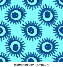 Abstract seamless geometrical pattern. Watercolor fantasy blue circles on a azure background, vector. 