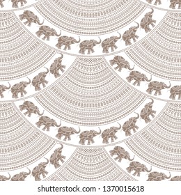 Abstract seamless geometrical wavy pattern with Indian elephants. Brown fan shaped ornate feathers, leaves, banners with ethnic ornaments. Fish scale order. Batik paint. Oriental print