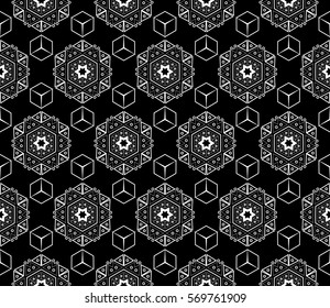 abstract seamless geometries pattern. White in black color. for wallpaper. design page fill. Vector illustration