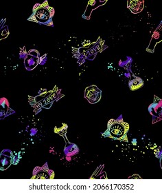 Abstract seamless Girish tattoo pattern with sign poison bottle, diamond, kiss lips, heart, hand. Mystical repeat print for girl textile, fashion clothes, wrapping paper.