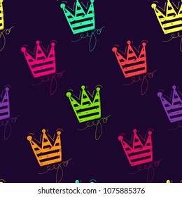 Abstract seamless girlish crown pattern for fashion textile, clothes, wrapping paper. Colorful repeated backdrop with jewelry. Princess tiara set wallpaper drawing in sketch style. 