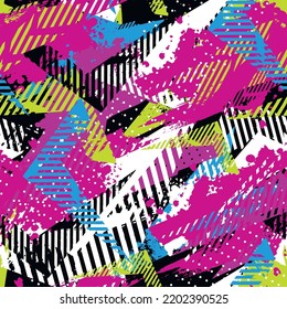 Resumen de un patrón geométrico de cintura impecable en colores rosa, negro, blanco y azul. Impresión geométrica repetida para material deportivo, ropa de moda, papel envolvente. Ornamento de Grunge colorido e interminable